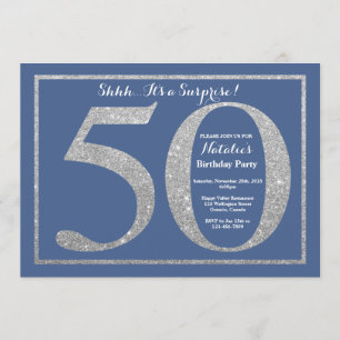 Convites Surpresa: 50º Aniversário Azul e Silver Glitter