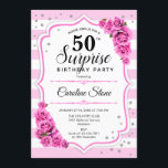 Convites Surpresa 50º aniversário - Branco rosa<br><div class="desc">Surpreenda 50º Convite de Aniversário. Design feminina com listras,  rosas cor-de-rosa pinceladas,  fontes de script e confetti. Perfeito para uma bolsa mensageifesta de aniversario elegante. Pode ser personalizado para mostrar qualquer idade. Envie-me uma mensagem se precisar de mais personalização.</div>