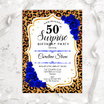 Convites Surpresa 50º aniversário - Leopardo Dourado Royal<br><div class="desc">Surpreenda 50º Convite de Aniversário. Azul real feminino,  design branco com ouro brilhante falso. Apresenta um padrão de chita-leopardo-animal,  rosas azuis-safira,  fonte de script e confetti. Perfeito para uma bolsa mensageifesta de aniversario elegante. Pode ser personalizado para mostrar qualquer idade. Envie-me uma mensagem se precisar de mais personalização.</div>