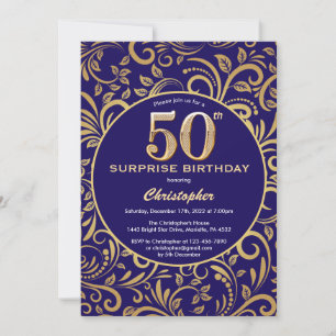Convites Surpresa 50º Aniversário Marinho Azul e Dourado Fl