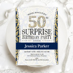 Convites Surpresa 50º aniversário - Marinho Dourado branco<br><div class="desc">Surpreenda o 50º Convite de aniversário. Design elegante em ouro brilhante,  branco e marinho. Possui fonte de script e número de diamante. Perfeito para uma comemoração de um dia de na moda,  de mulher ou de homem.</div>