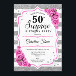 Convites Surpresa 50º aniversário - Prateado branco rosa<br><div class="desc">Surpreenda 50º Convite de Aniversário. Design cor-de-rosa feminina com prata brilhante. Apresenta faixas,  rosas cor-de-rosa pinceladas,  fontes de script e confetti. Perfeito para uma bolsa mensageifesta de aniversario elegante. Pode ser personalizado para mostrar qualquer idade. Envie-me uma mensagem se precisar de mais personalização.</div>
