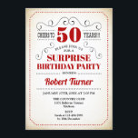 Convites Surpresa 50º aniversário - Preto branco vermelho<br><div class="desc">Surpreenda o 50º Aniversário do design de Retro em branco preto vermelho com um fundo cremoso vintage. Saúde a 50 anos! Também pode ser personalizado em qualquer ano.</div>