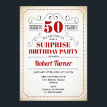 Convites Surpresa 50º aniversário - Preto branco vermelho<br><div class="desc">Surpreenda o 50º Aniversário do design de Retro em branco preto vermelho com um fundo cremoso vintage. Saúde a 50 anos! Também pode ser personalizado em qualquer ano.</div>