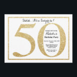Convites Surpresa: 50. º Aniversário do Dourado Glitter<br><div class="desc">Surpresa 50º Convite de Aniversário. Dourada Festa de aniversário de brilho Convide com fundo branco. Surpresa Aniversário. Aniversário Adulto. Homens ou Mulheres no Bday Bash Party.
Para mais personalização,  clique no botão "Personalizar" e use a ferramenta design para modificar este modelo.</div>