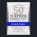 Convites Surpresa 50.º aniversário - Dourado azul branco<br><div class="desc">Surpreenda o 50º Convite de aniversário. Design elegante em ouro brilhante,  branco e azul real.</div>