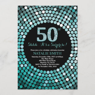 Convites Surpresa 50.º Aniversário, Negra e Teal Glitter