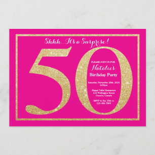 Convites Surpresa 50.º aniversário rosa quente e Dourada br
