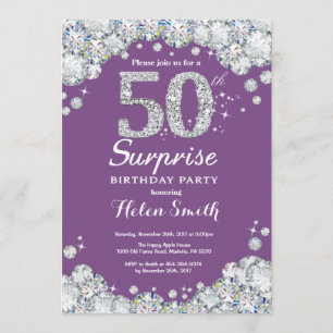 Convites Surpresa 50.º aniversário Roxo e Diamante prateado