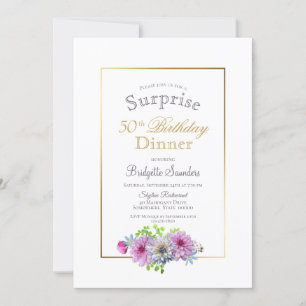 Convites Surpresa 50.º Janto Dourado Floral Rosa de Aniver