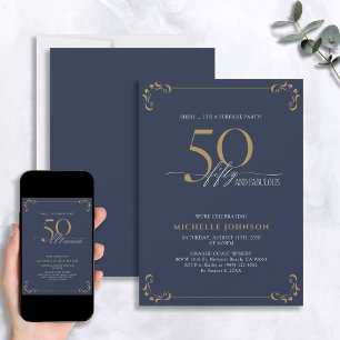 Convites Surpresa 50 e fabuloso Azul Branco e Dourado Anive