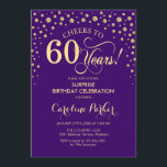 Convites Surpresa 60ª Festa de aniversário - Dourada roxa<br><div class="desc">Surpresa 60º Convite de aniversário. Design elegante em roxo real e ouro brilhante falso. Apresenta a fonte do script e os diamantes confetti. Saúde para 60 anos! Envie-me uma mensagem se precisar de mais personalização.</div>