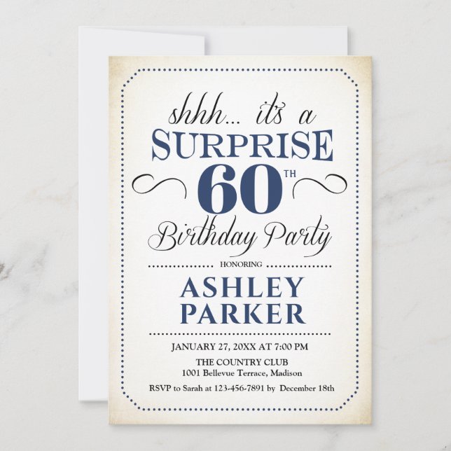 Convites Surpresa 60ª Festa de aniversário - Marinho branco (Frente)