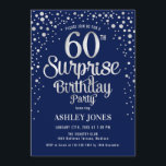 Convites Surpresa 60ª Festa de aniversário - Prata e Marinh<br><div class="desc">Surpresa 650º Convite de aniversário. Design elegante em azul marinho e prata brilhante fraca. Possui fonte de script na moda e confetti. Envie-me uma mensagem se precisar de idade personalizada.</div>