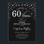 Convites Surpresa 60ª Festa de aniversário - Prata Preta<br><div class="desc">Surpresa 60º Convite de aniversário. Design elegante em prata brilhante e preto. Apresenta a fonte do script e os diamantes confetti. Saúde para 60 anos! Envie-me uma mensagem se precisar de mais personalização.</div>