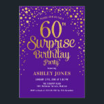 Convites Surpresa 60ª Festa de aniversário - Roxo e Dourado<br><div class="desc">Surpresa 60º Convite de aniversário. Design elegante em roxo real e ouro brilhante. Possui fonte de script na moda e confetti. Envie-me uma mensagem se precisar de idade personalizada.</div>