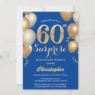 Convites Surpresa 60º aniversário Balões Azuis e Dourado