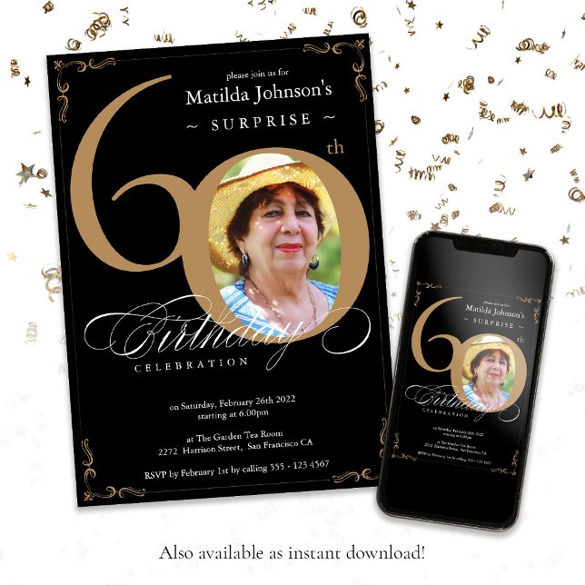 Convites Surpresa 60º aniversário Foto Dourada Elegante Neg (Surprise 60th Birthday Elegant Black Gold Photo Invitation)