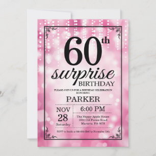 Convites Surpresa 60.º Aniversário com Glitter Rosa Rosa de