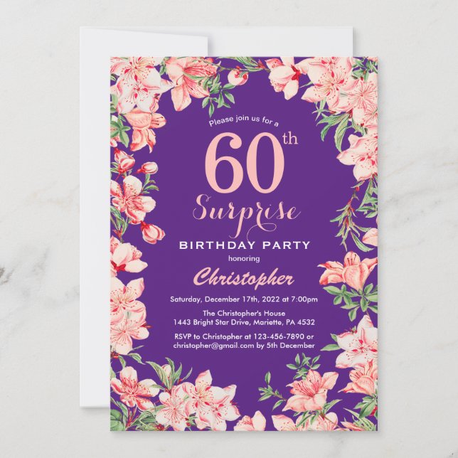 Convites Surpresa 60.º Aniversário Flores Rosa Rosa Púrpura (Frente)