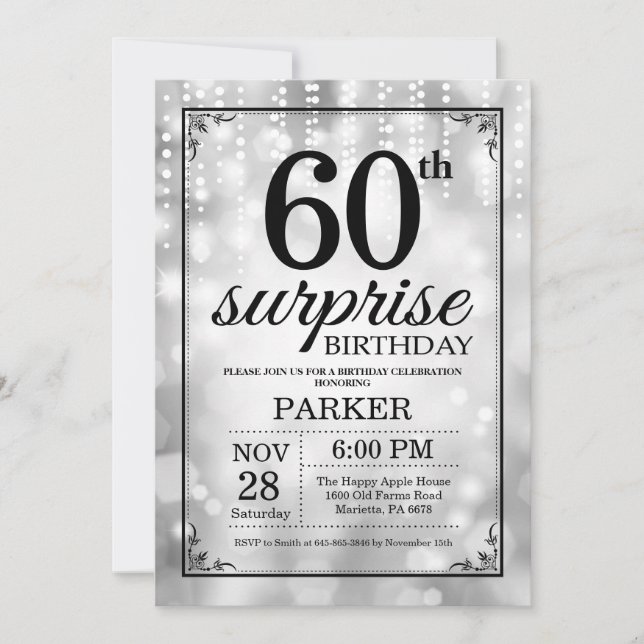 Convites Surpresa 60.º Aniversário Invitation Silver Glitte (Frente)