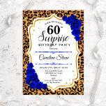 Convites Surpresa 60.º Aniversário - Leopardo Dourado Royal<br><div class="desc">Surpresa 60º Convite de Aniversário. Azul real feminino,  design branco com ouro brilhante falso. Apresenta um padrão de chita-leopardo-animal,  rosas azuis-safira,  fonte de script e confetti. Perfeito para uma bolsa mensageifesta de aniversario elegante. Pode ser personalizado para mostrar qualquer idade. Envie-me uma mensagem se precisar de mais personalização.</div>