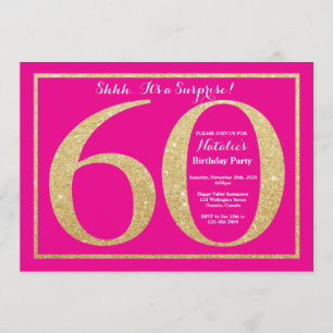 Convites Surpresa 60.º aniversário rosa quente e Dourada br