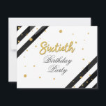 Convites Surpresa 60.º aniversário Script Dourado Geométric<br><div class="desc">Modern Surprise 60th Birthday Script Geométrico Dourado Invitation com faixas pretas e pontos brilhantes de folhas de ouro com tipografia de script que você pode editar facilmente. Para mais personalização,  clique no botão "Personalizar" e use nossa ferramenta de design para modificar este modelo.</div>