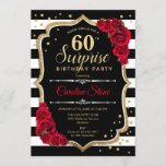 Convites Surpresa 60.º aniversário - Vermelho branco preto<br><div class="desc">Surpresa 60º Convite de Aniversário. Design branco,  preto feminino,  vermelho,  com ouro brilhante falso. Apresenta faixas pretas e brancas,  rosas vermelhas,  fontes de script e confetti. Perfeito para uma bolsa mensageifesta de aniversario elegante. Pode ser personalizado para mostrar qualquer idade. Envie-me uma mensagem se precisar de mais personalização.</div>