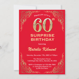 Convites Surpresa 60.º Aniversário Vermelho e Dourada Brilh