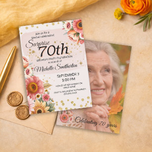 Convites Surpresa 70º Rosa Pêssego Floral Dourado Foto