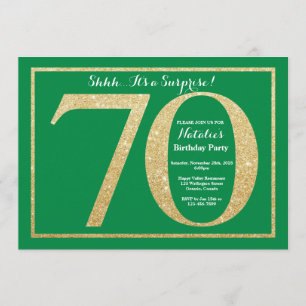 Convites Surpresa 70 Birthday Green e Dourada Glitter