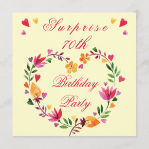 Convites Surpresa 70 Birthday Watercolor Floral Heart