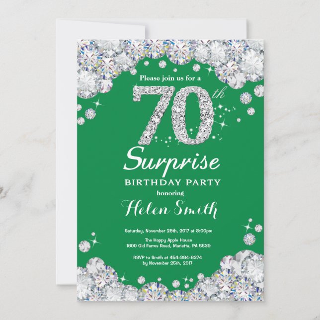 Convites Surpresa 70 de aniversário Green e Silver Diamond (Frente)