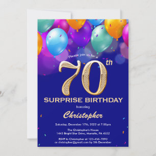 Convites Surpresa 70 de Aniversário Marinho Azul e Dourado