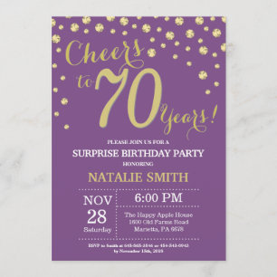 Convites Surpresa 70 de Aniversário Roxo e Diamante Dourado