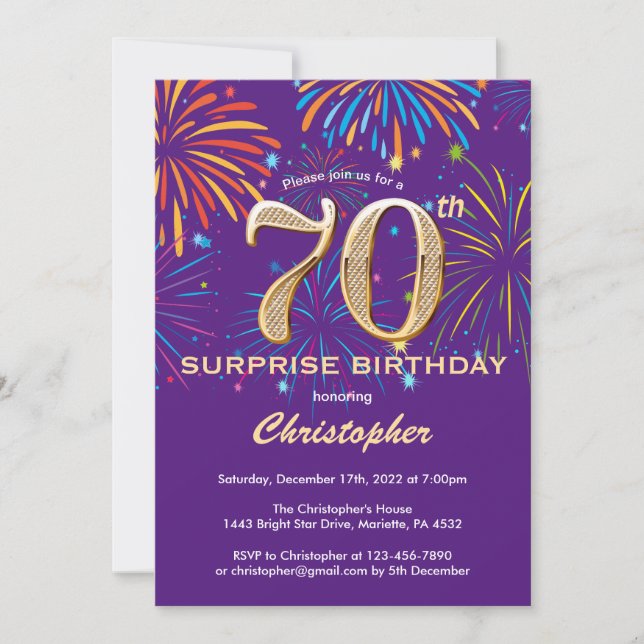 Convites Surpresa 70 de Aniversário Roxo e Dourado (Frente)