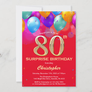 Convites Surpresa 80 Birthday Red e Dourados Balões