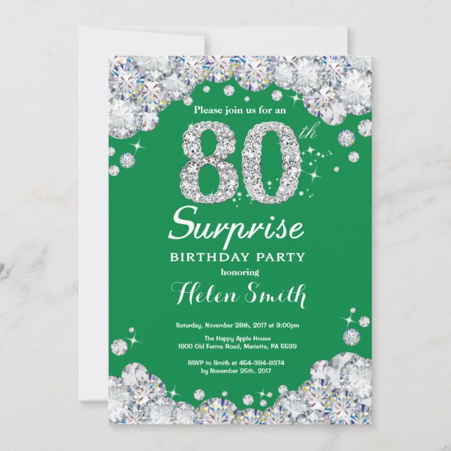 Convites Surpresa 80 de aniversário Green e Silver Diamond (Frente)