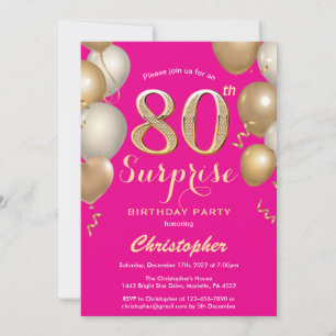 Convites Surpresa 80 de Aniversário Rosa Quente e Dourados
