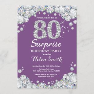 Convites Surpresa 80 de Aniversário Roxo e Diamante de Prat