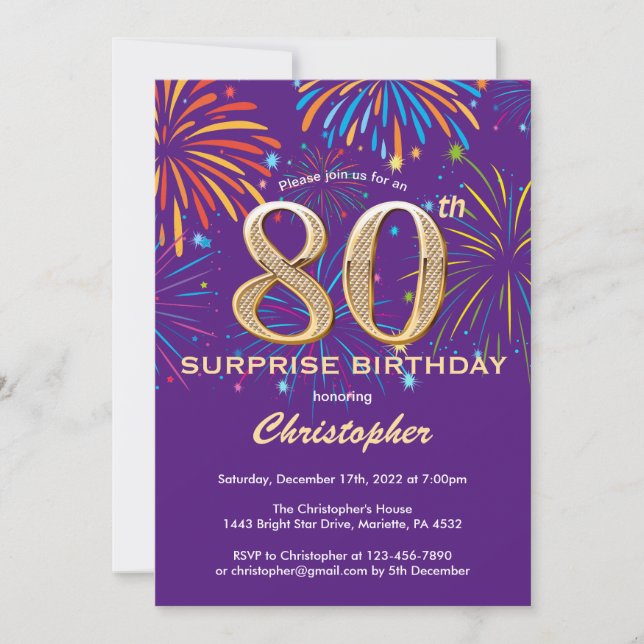 Convites Surpresa 80 de Aniversário Roxo e Dourado (Frente)