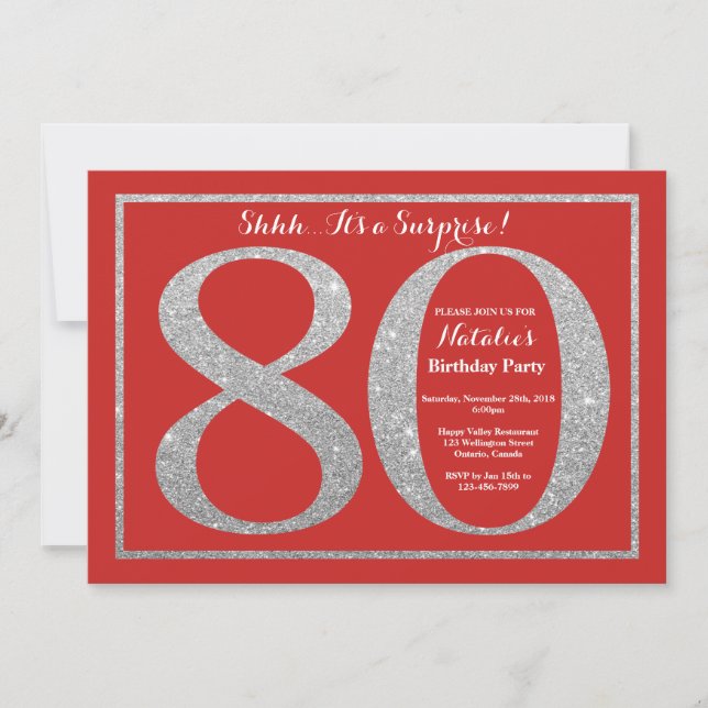 Convites Surpresa 80 de Aniversário Vermelho e Silver Glitt (Frente)