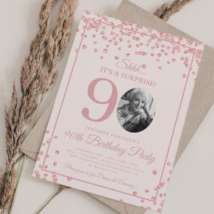 Convites Surpresa 90º Aniversário Rosa Dourado Confete Blus