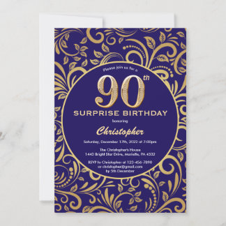 Convites Surpresa 90 de Aniversário Marinho Azul e Dourado