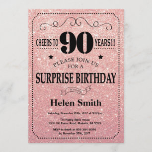 Convites Surpresa 90 de Aniversário Rosa Rosa Dourada Bril