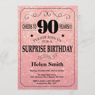 Convites Surpresa 90 de Aniversário Rosa Rosa Dourada Brilh