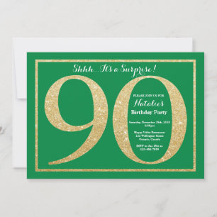 Convites Surpresa 90 de Aniversário Verde e Dourada Glitter
