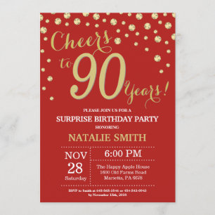 Convites Surpresa 90 de Aniversário Vermelho e Diamante Do