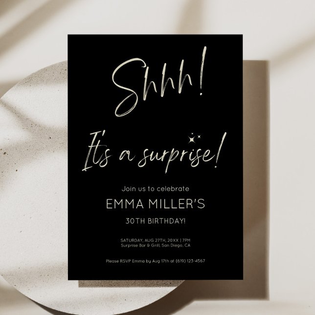 Convites Surpresa Aniversário Convide Preto Minimalista (minimalist black surprise invite, elegant surprise birthday invitation, modern black party invite, s)